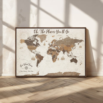14140137-MGV-CV-36X24-Personalized World Map Wall Art – Vintage Nautical Adventure Map with Ships and Compass, Rustic Sepia Tones for Travel Lovers and