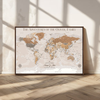 34289723-MGV-CV-36X24-Personalized World Map Wall Art – Elegant Beige and Brown Adventure Map Canvas Print for Family Home, Living Room, Study or Office