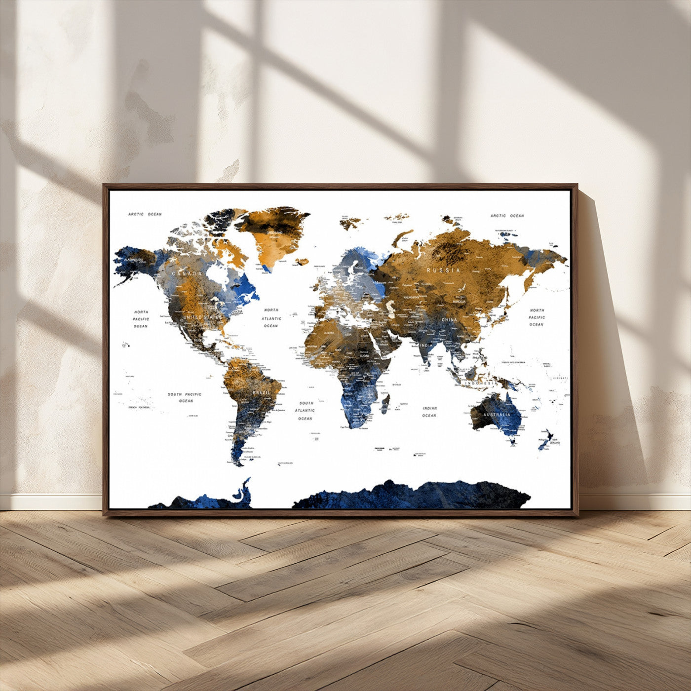 MGV-FC-36X24 - World Map Wall Art Canvas Print, Framed Blue Gold Map Art Picture Print, Rustic Atlas Perfect Rustic Modern Decor Artwork