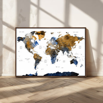 MGV-FC-36X24 - World Map Wall Art Canvas Print, Framed Blue Gold Map Art Picture Print, Rustic Atlas Perfect Rustic Modern Decor Artwork