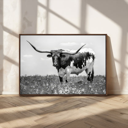 83785-MGV-FC-36X24_Walnut-Texas Longhorn Wall Art Canvas Print, Framed Horned Bull Art Picture Print, Monochrome Cattle Perfect Rustic Western Decor Artwork
