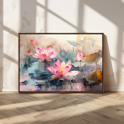 18414-MGV-CV-36X24-Pink Lotus Wall Art Canvas Print, Framed Water Lily Art Picture Print, Dreamy Floral Perfect Dreamy Botanical Decor Artwork