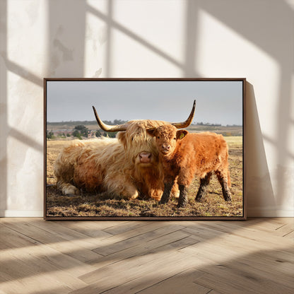 88780-MGV-CV-36X24-Highland Cow Wall Art Canvas Print, Framed Cow Calf Art Picture Print, Scottish Cattle Perfect Rustic Farmhouse Decor Artwork
