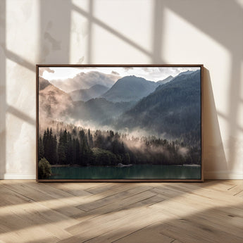 64758-MGV-CV-36X24-Misty Mountains Wall Art Canvas Print, Framed Moody Pines Art Picture Print, Forest Lake Perfect Moody Alpine Decor Artwork