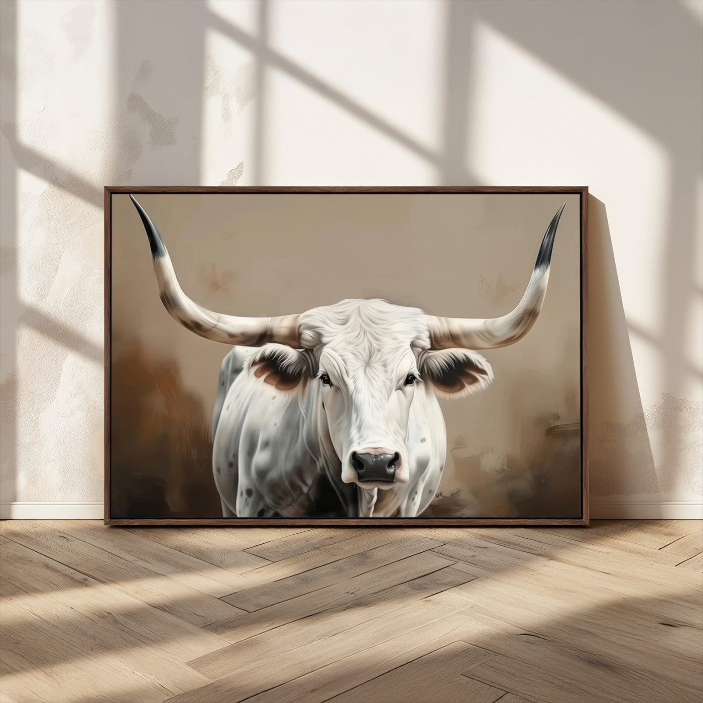 63550-MGV-CV-36X24-Texas Longhorn Wall Art Canvas Print, Framed White Bull Art Picture Print, Horned Cattle Perfect Rustic Western Decor Artwork
