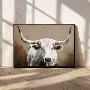 63550-MGV-CV-36X24-Texas Longhorn Wall Art Canvas Print, Framed White Bull Art Picture Print, Horned Cattle Perfect Rustic Western Decor Artwork