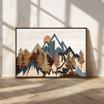 80300-MGV-FC-36X24_Walnut-Geometric Mountains Wall Art Canvas Print, Framed Stylized Trees Art Picture Print, Graphic Forest Perfect Rustic Abstract Decor