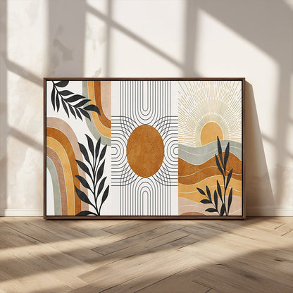32359-MGV-CV-36X24-Modern Sun Wall Art Canvas Print, Framed Retro Horizon Art Picture Print, Sunburst Design Perfect Mid Century Boho Decor Artwork