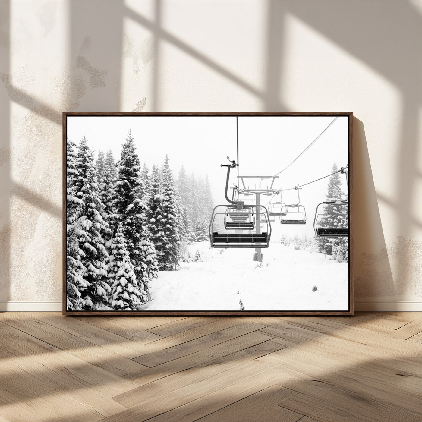 49274-MGV-FC-36X24_Walnut-Snowy Forest Wall Art Canvas Print, Framed Ski Lift Art Picture Print, Mountain Snow Perfect Minimal Winter Lodge Decor Artwork