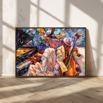 13675-MGV-FC-36X24_Walnut-Jazz Band Wall Art Canvas Print, Framed Jazz Oil Painting Art Picture Print, Vibrant Music Perfect Abstract Musical Decor Artwork