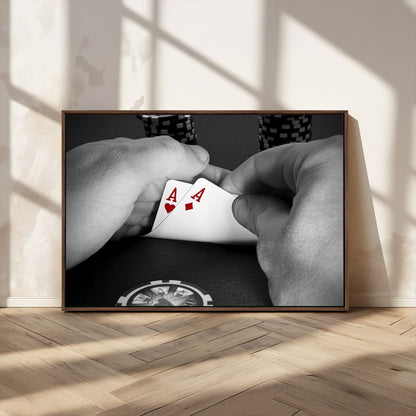 62460-MGV-CV-36X24-Poker Game Wall Art – Close Up of Hands Holding Aces with Chips, Casino Style Decor for Game Room, Man Cave or Office