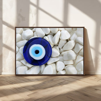 48883-MGV-CV-36X24-Evil Eye Wall Art – Deep Blue Symbol of Presence and Calm on White Stones, Subtle Spiritual Decor for Entryway, Studio, Office or