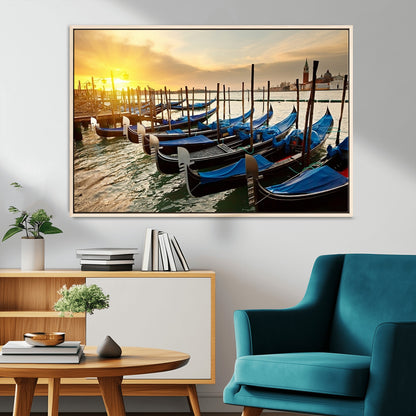 25872-MGV-CV-36X24-Venetian Gondola Dock Wall Art – Serene Sunset Canal Canvas Print, Tranquil Water Travel Decor for Office, Living Room, or Man