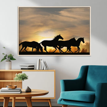 16620-MGV-CV-36X24-Sunset Stallions Wall Art – Silhouetted Horses Running Canvas Print, Nature’s Rhythm, Perfect for Living Room, Office, or Man Cave