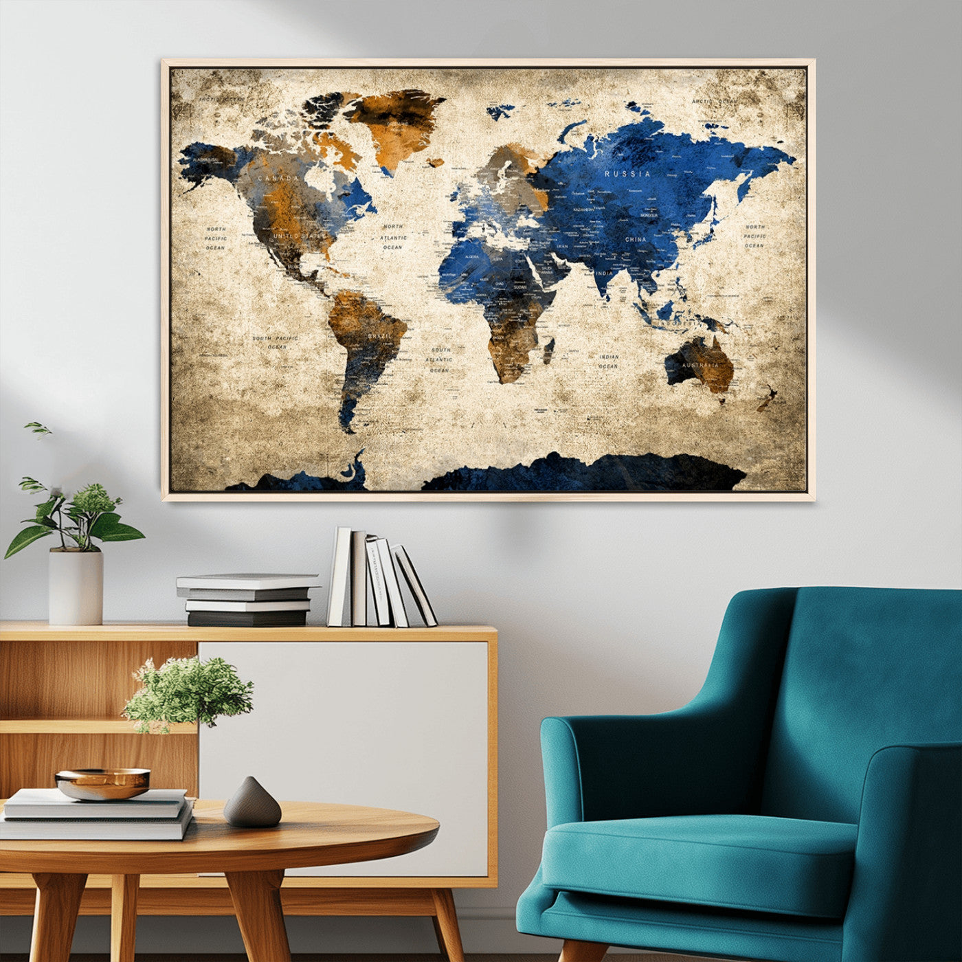 58821-MGV-CV-36X24-Blue and Gold World Map Canvas Wall Art – Elegant Vintage Travel Map Print, Large Framed Wall Decor for Living Room, Study, Home or Office