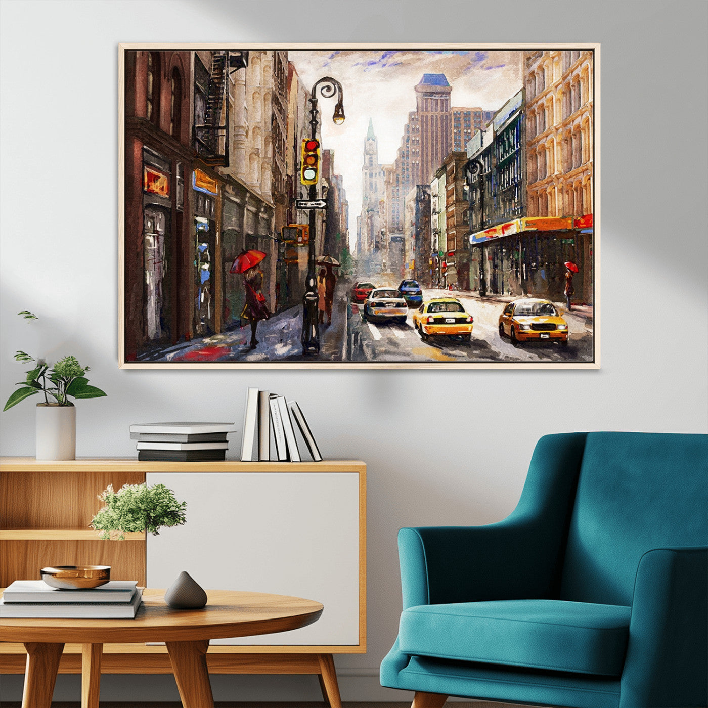 72995-MGV-CV-36X24-Colorful NYC Street Wall Art – Vibrant Cityscape with Red Umbrellas and Yellow Taxis Canvas Print, Urban Decor for Living Room or