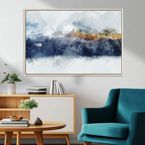 89149-MGV-CV-36X24-Abstract Mountain Wall Art – Watercolor Landscape Canvas Print with Blue and Orange Tones, Modern Nature Decor for Living Room or