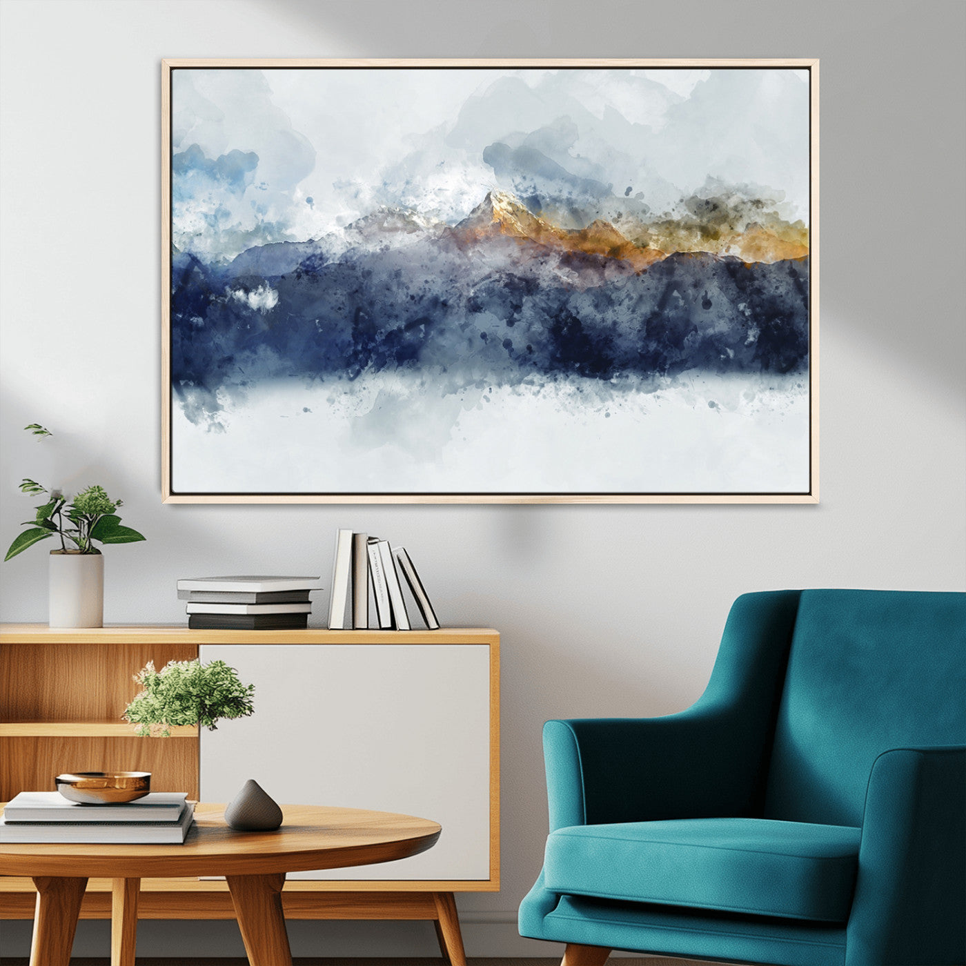 89149-MGV-CV-36X24-Abstract Mountain Wall Art – Watercolor Landscape Canvas Print with Blue and Orange Tones, Modern Nature Decor for Living Room or