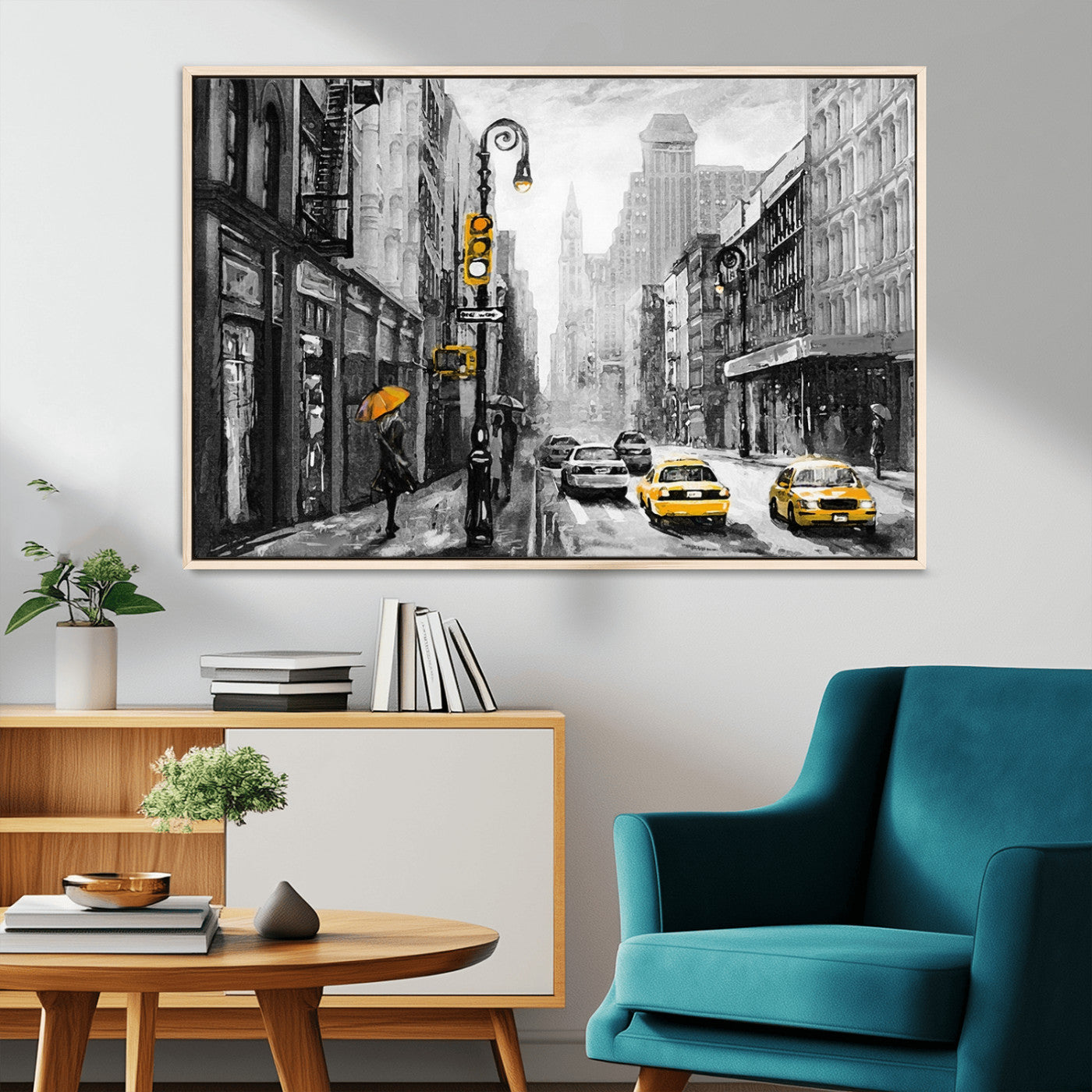 32362-MGV-CV-36X24-NYC Street Wall Art – Black and White Cityscape with Yellow Taxis and Umbrella Canvas Print, Urban Home Decor for Living Room or