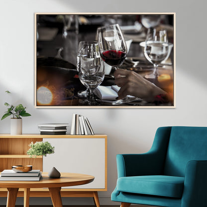 75513-MGV-CV-36X24-Elegant Wine Toast Wall Art – Close-Up Red Wine Glass at Dinner Table Canvas Print, Sophisticated Dining Room or Bar Decor