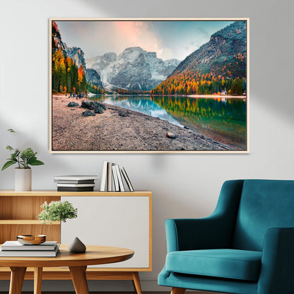 25982-MGV-CV-36X24-Autumn Mountain Lake Wall Art – Panoramic Fall Foliage and Snowy Peaks Canvas Print, Scenic Nature Decor for Living Room or Office
