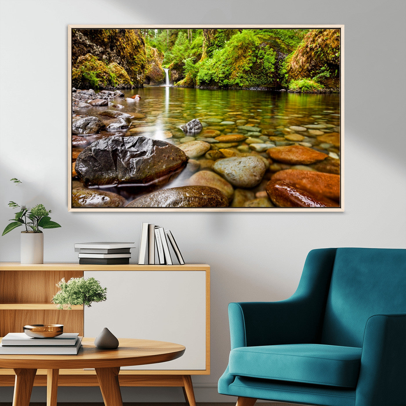 98096-MGV-CV-36X24-Serene River Waterfall Nature Photo – Calm Clear Water, Vibrant Green Forest and Smooth Stones Landscape Wall Art for Home or