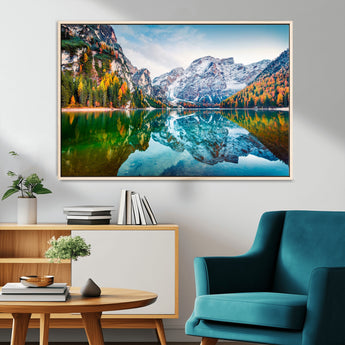 10402-MGV-CV-36X24-Snowy Mountain Lake Wall Art – Autumn Landscape Canvas Print with Reflection, Nature Decor for Living Room, Office, Bedroom or