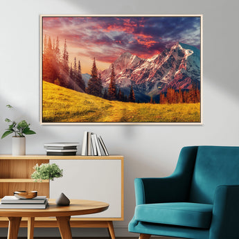 83947-MGV-CV-36X24-Sunset Mountain Landscape Wall Art – Panoramic Alpine Meadow and Snow Capped Peaks Canvas Print, Nature Scenic Decor for Home,