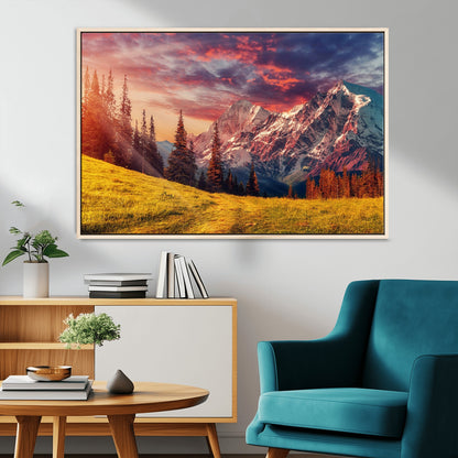 83947-MGV-CV-36X24-Sunset Mountain Landscape Wall Art – Panoramic Alpine Meadow and Snow Capped Peaks Canvas Print, Nature Scenic Decor for Home,