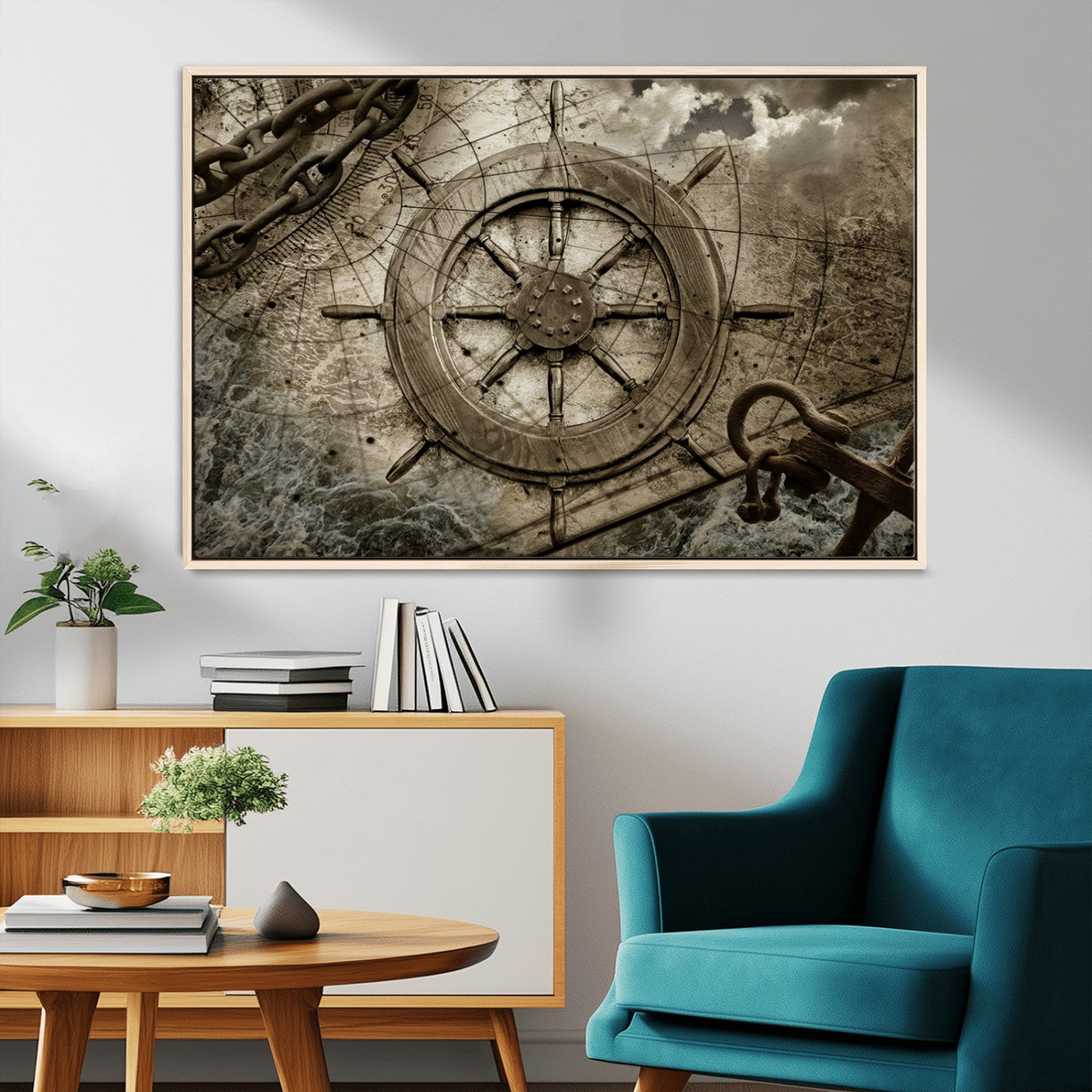 45482-MGV-CV-36X24-Nautical Ship Wheel Wall Art – Vintage Maritime Canvas Print, Ocean Adventure Decor for Office, Man Cave or Living Room