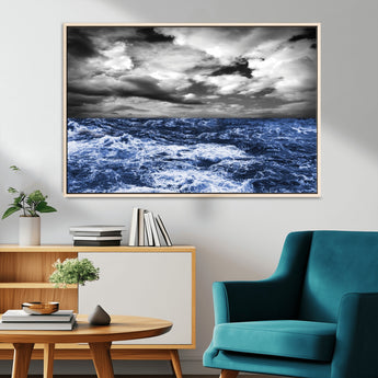 36012-MGV-CV-36X24-Dramatic Stormy Ocean Waves Black and White with Deep Blue Highlights – Moody Seascape Wall Art, Nature Photography Print for Home