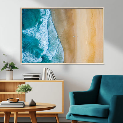 46640-MGV-CV-36X24-Aerial Beach Wall Art – Turquoise Waves and Golden Sand Canvas Print with Lone Surfer, Coastal Ocean Decor for Living Room,