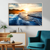86173-MGV-CV-36X24-Golden Sunset Beach Wall Art – Reflective Ocean Canvas Print with Mountains and Waves, Coastal Nature Decor for Living Room,