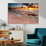 38302-MGV-CV-36X24-Sunset Beach Wall Art – Stunning Ocean Waves and Rock Canvas Print, Warm Coastal Decor for Living Room, Bedroom, Office or Beach
