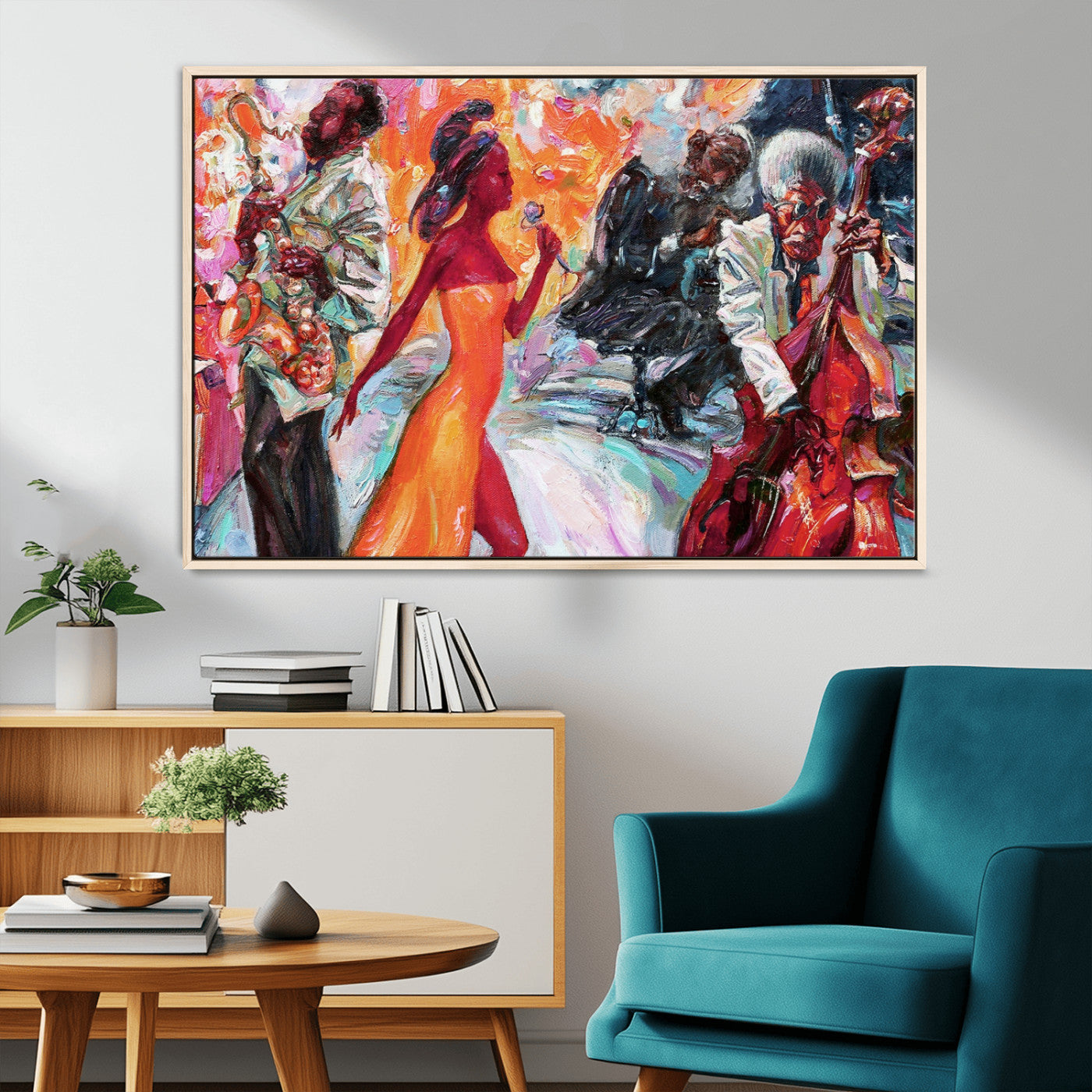 24452-MGV-CV-36X24-Vibrant Jazz Musician Painting - Expressive Art Print of Live Jazz Band, Perfect Wall Decor for Music Lovers and Art Enthusiasts