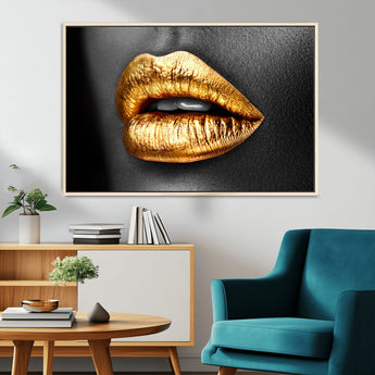 84747-MGV-CV-36X24-Golden Lips Black & White Portrait – Glamorous Metallic Lip Art Print, Modern Wall Decor for Bedroom, Beauty & Fashion Lover Gift