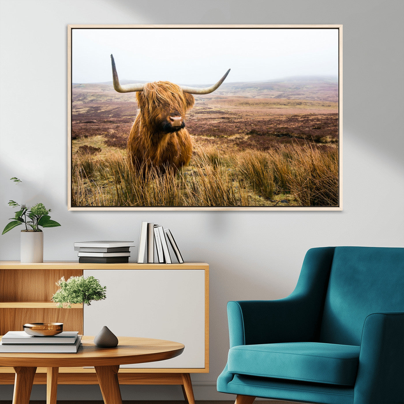 79391-MGV-CV-36X24-Majestic Highland Cow in Misty Scottish Moorland – Rustic Natural Charm, Perfect for Unique Home or Office Decor