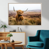 79391-MGV-CV-36X24-Majestic Highland Cow in Misty Scottish Moorland – Rustic Natural Charm, Perfect for Unique Home or Office Decor