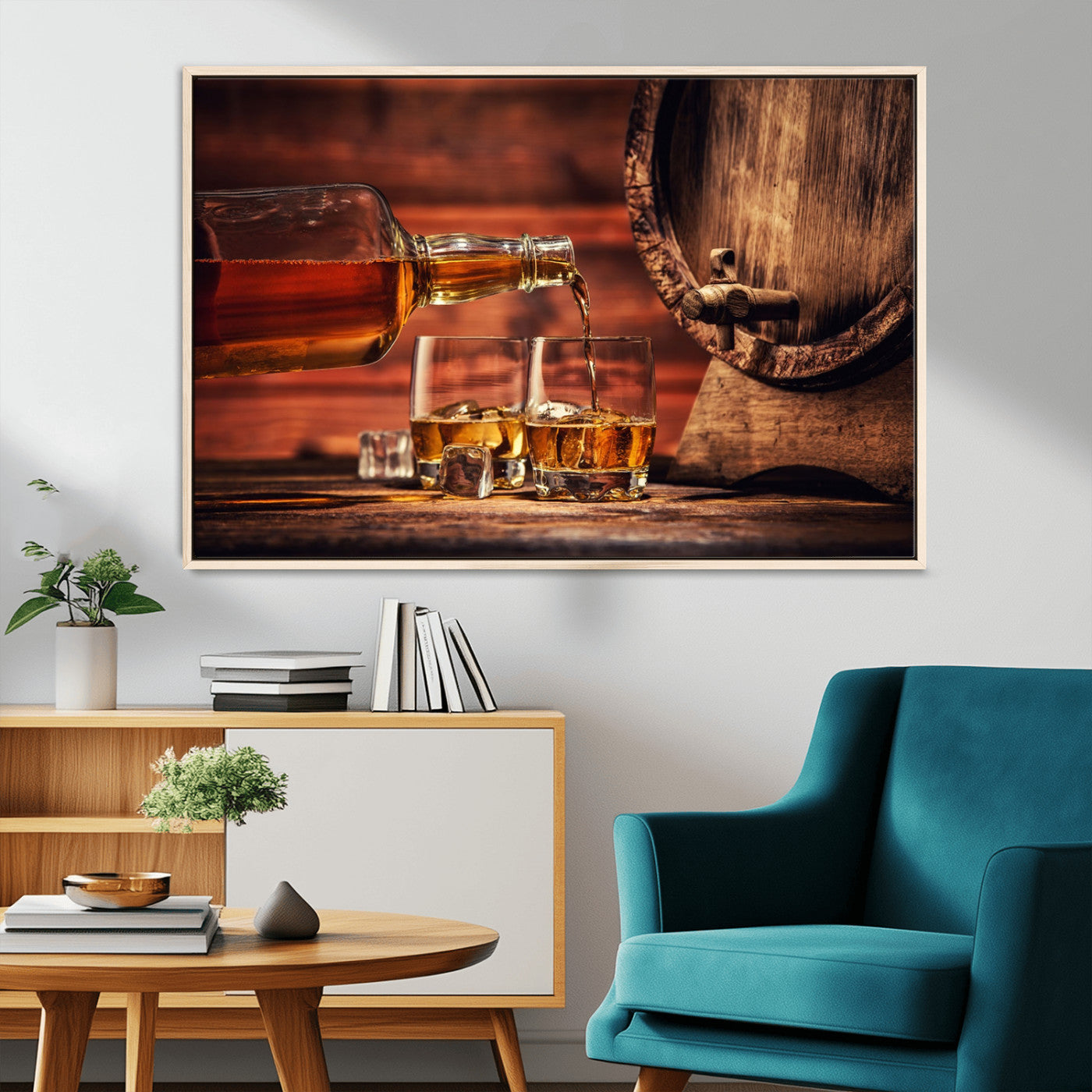 21266-MGV-CV-36X24-Pouring Whiskey into Glasses with Ice – Rustic Wooden Barrel Background, Warm Ambient Lighting, Ideal Decor for Home or Office