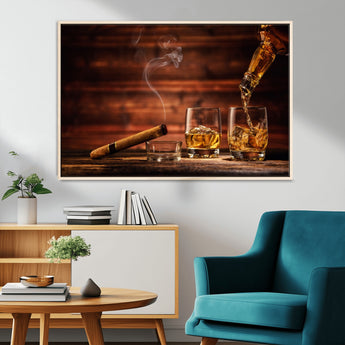 41139-MGV-CV-36X24-Whiskey and Cigar Still Life – Glasses with Ice and Pouring Amber Drink on Wooden Table with Smoke, Elegant Bar or Lounge Wall