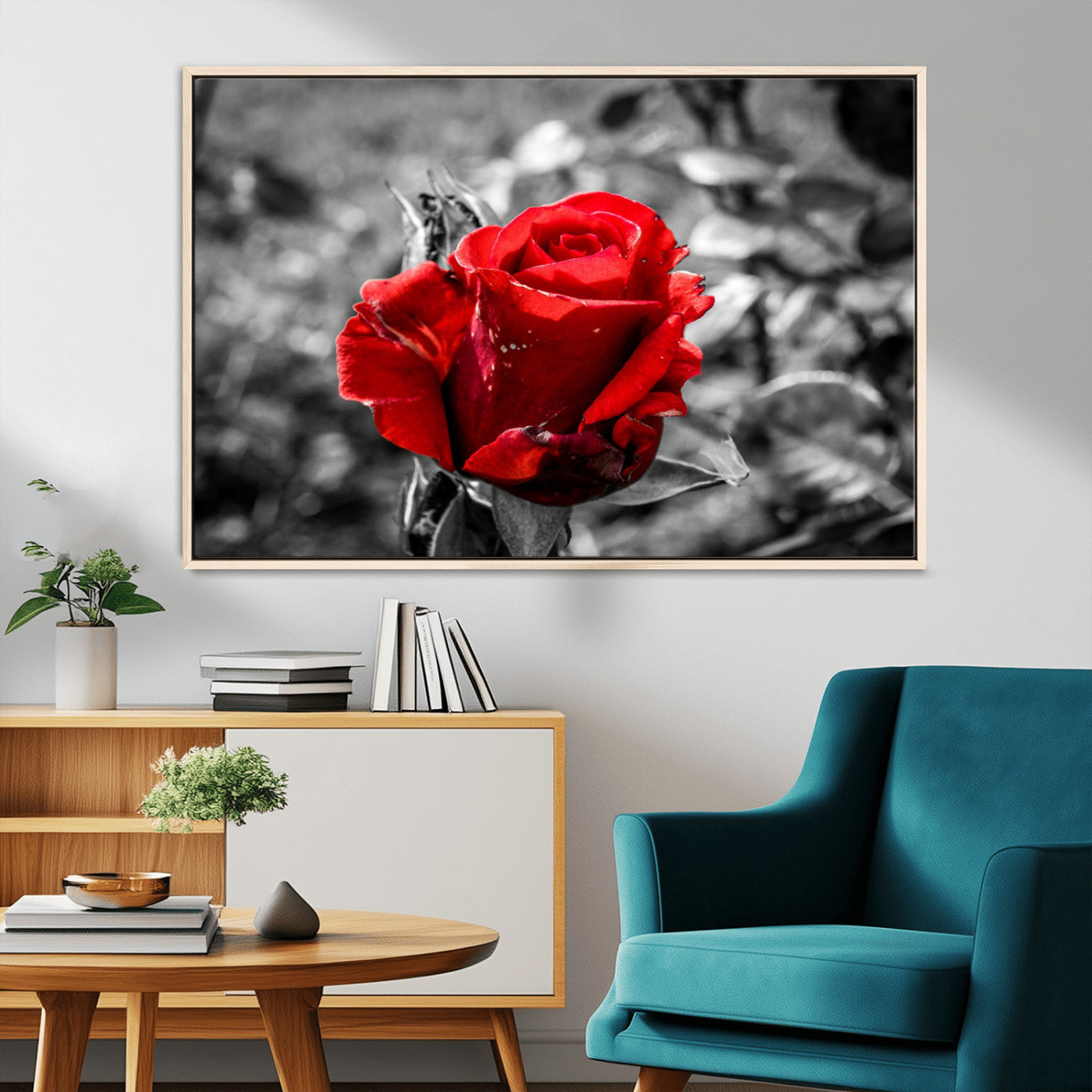 84671-MGV-CV-36X24-Red Rose Wall Art – Vibrant Single Bloom Canvas Print with Black and White Background, Elegant Floral Decor for Living Room,