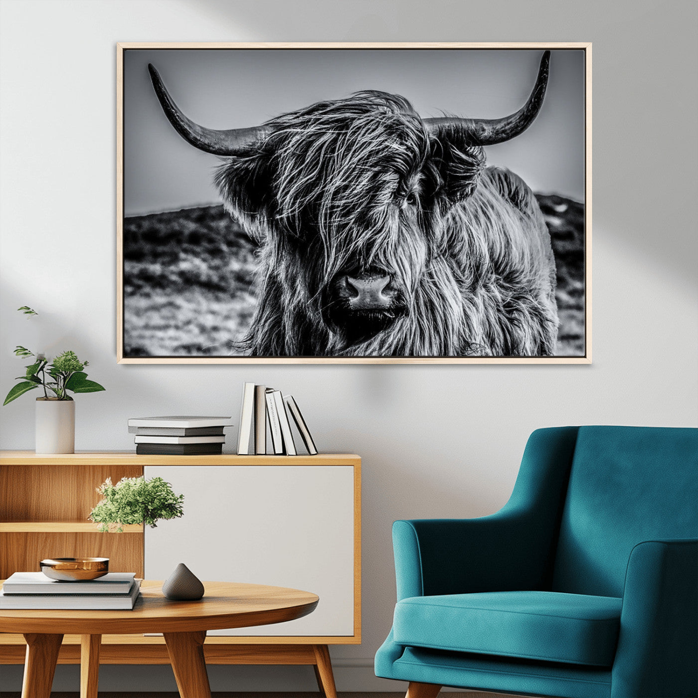 97372-MGV-CV-36X24-Elegant Highland Cow Wall Art – Black and White Canvas Print, Rustic Nature Decor for Home, Office, Living Room or Man Cave