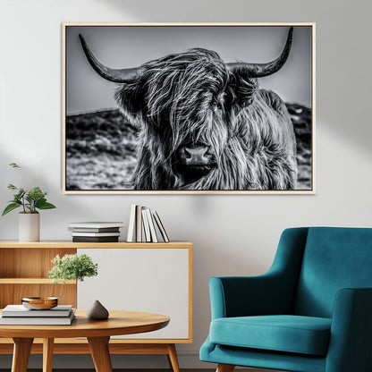 97372-MGV-CV-36X24-Elegant Highland Cow Wall Art – Black and White Canvas Print, Rustic Nature Decor for Home, Office, Living Room or Man Cave
