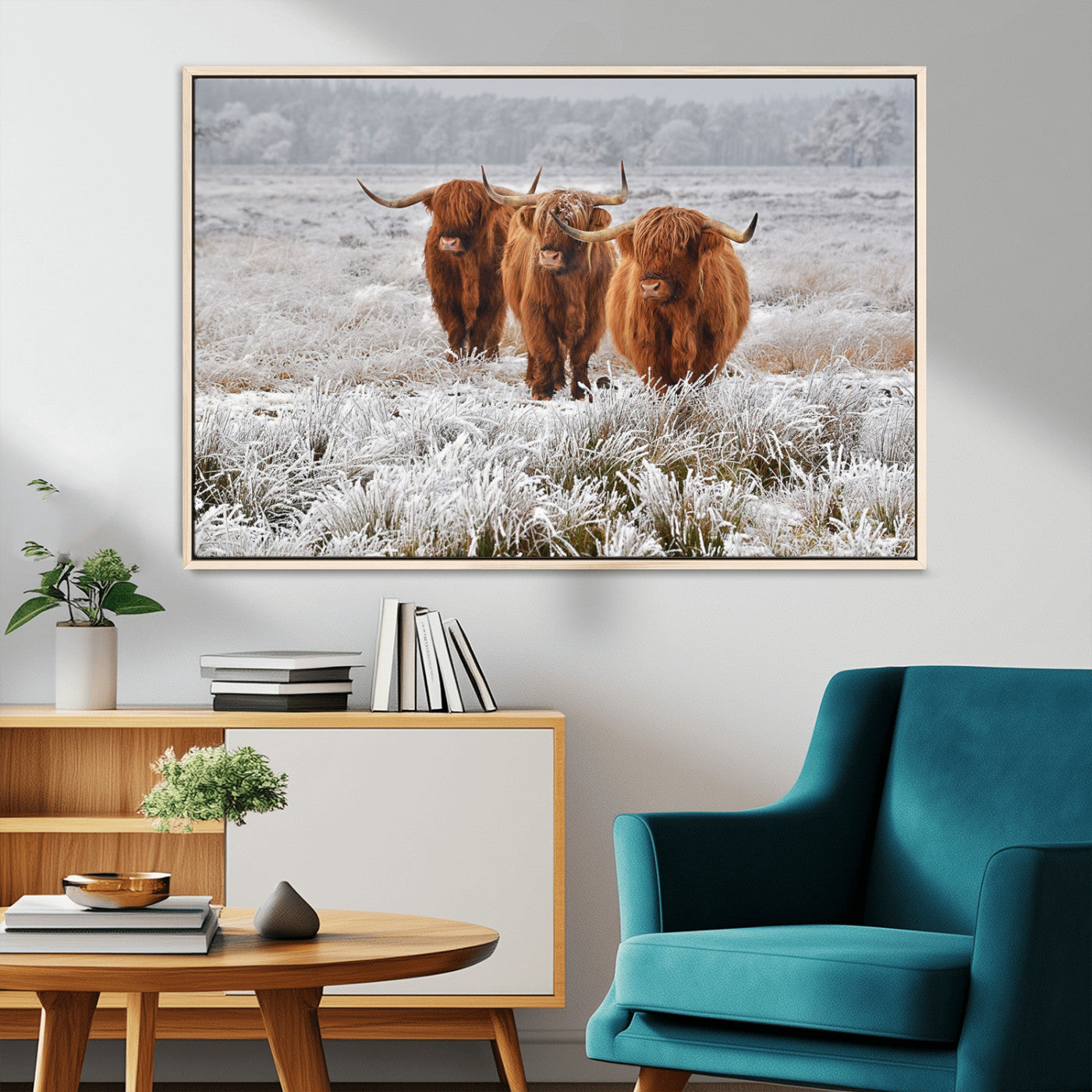 10396-MGV-CV-36X24-Highland Cattle Wall Art – Rustic Winter Landscape Canvas Print, Farmhouse Decor for Living Room, Office, Cabin or Country Home