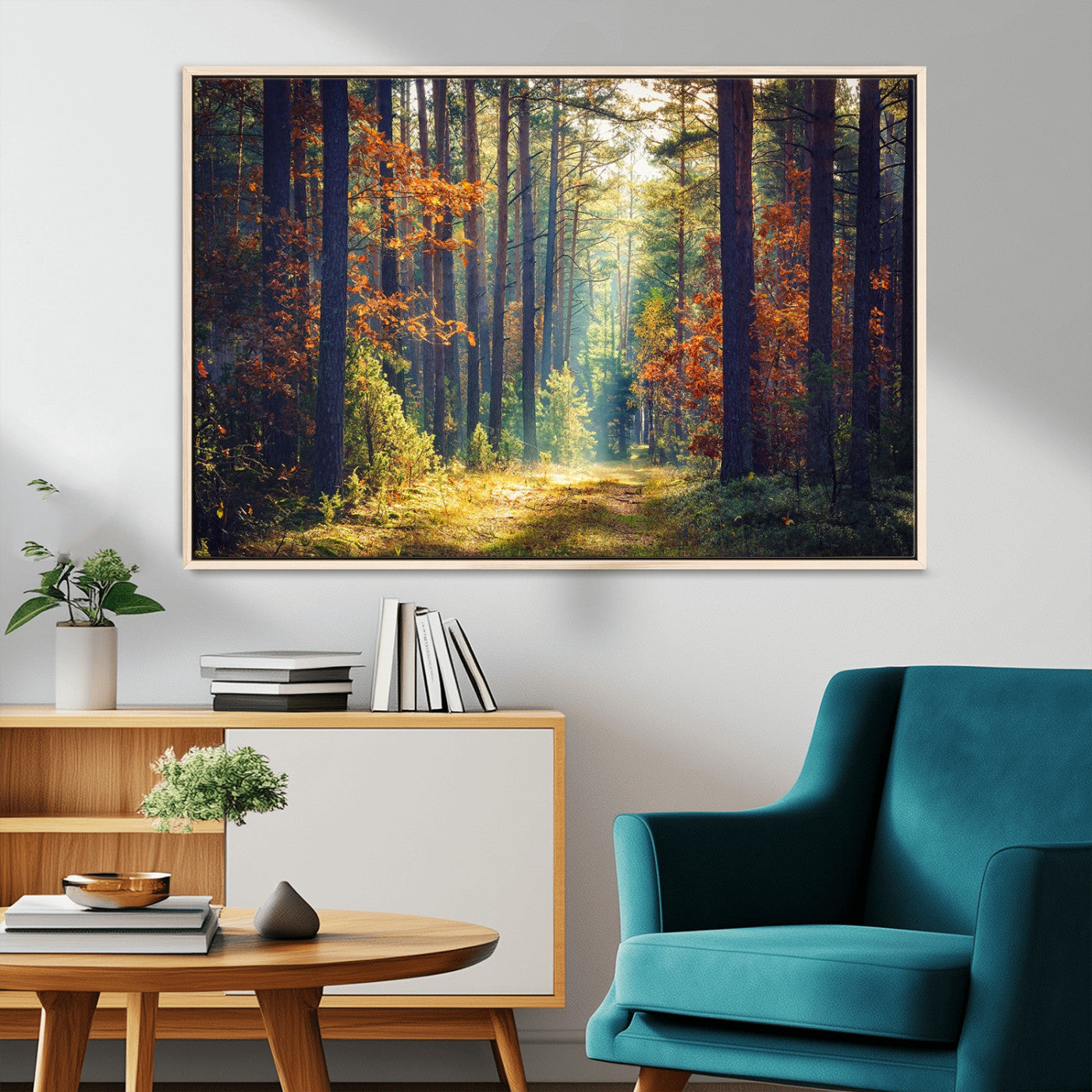 86249-MGV-CV-36X24-Sunlit Autumn Forest Path Wall Art – Peaceful Nature Scene with Fall Foliage, Calming Woods Decor for Home or Office