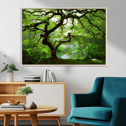 18094-MGV-CV-36X24-Emerald Canopy Wall Art – Panoramic Lush Green Tree Canvas Print, Serene Nature Decor for Office, Living Room or Meditation Space