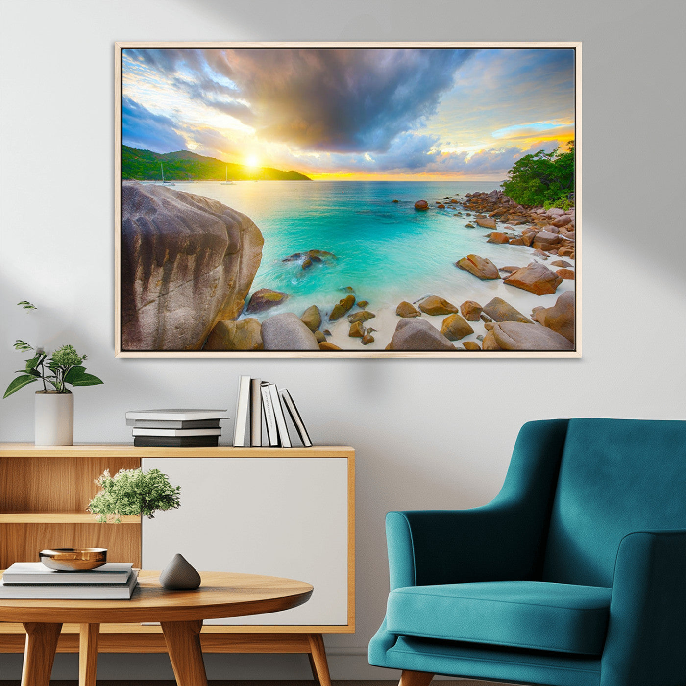 23769-MGV-FC-36X24_Natural-Tropical Beach Sunset Wall Art – Ocean Waves and Rocky Shore Canvas Print, Coastal Seascape Photography Decor