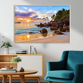 43209-MGV-FC-36X24_Natural-Tropical Beach Sunset Wall Art – Golden Ocean Waves and Palm Trees with Rocky Shore Canvas Print, Coastal Seascape Decor for
