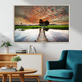 29105-MGV-FC-36X24_Natural-Rustic Wooden Bridge Wall Art – Scenic Sunset Over Rice Fields and Reflective Water Canvas Print, Nature Landscape Decor for
