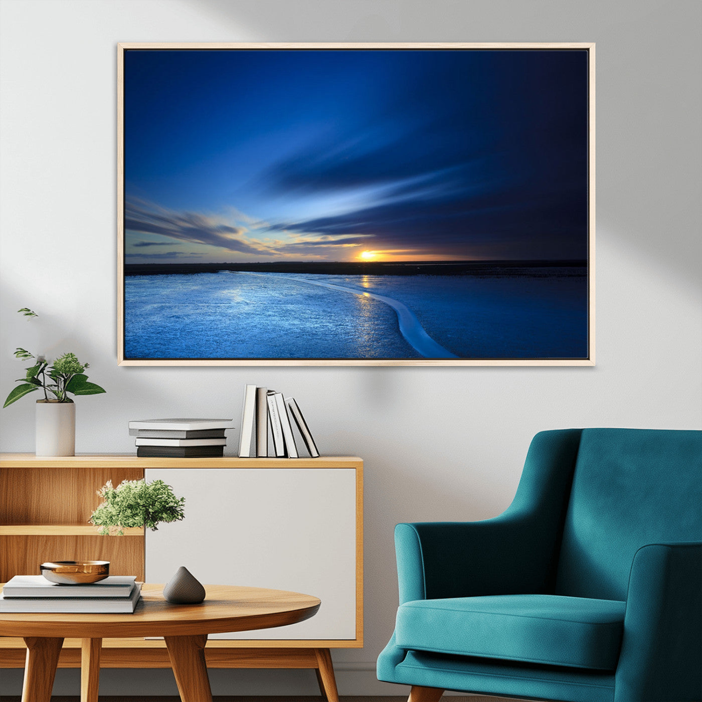 65405-MGV-FC-36X24_Natural-Blue Sunrise Seascape Wall Art – Tranquil Ocean Horizon Canvas Print with Golden Sunlight and Deep Sky, Coastal Landscape Decor